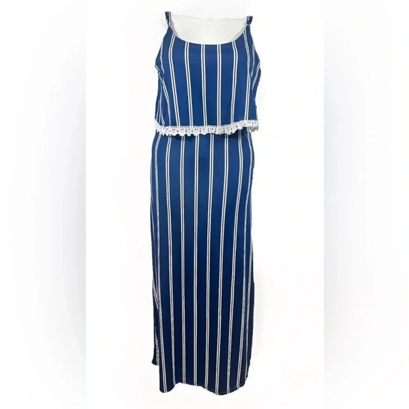 NEW Rouge Collection 1X Navy Striped Stretch Lightweight Maxi Dress Ruffle Front - Picture 1 of 13